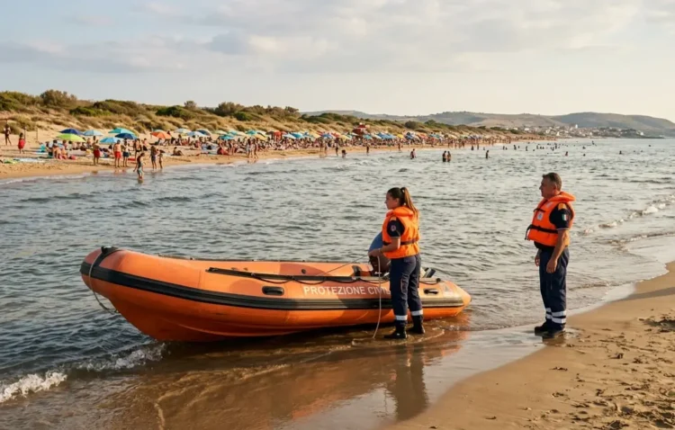 Gommone della Protezione Civile sul litorale ibleo durante i soccorsi in mare, estate 2026.