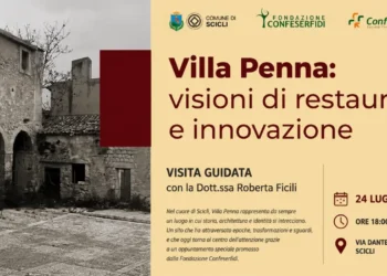 Locandina della visita guidata a Villa Penna di Scicli con fotografia del complesso storico e informazioni sull'evento.