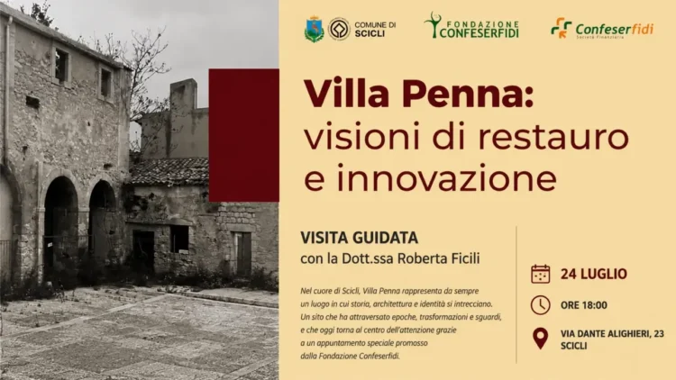 Locandina della visita guidata a Villa Penna di Scicli con fotografia del complesso storico e informazioni sull'evento.