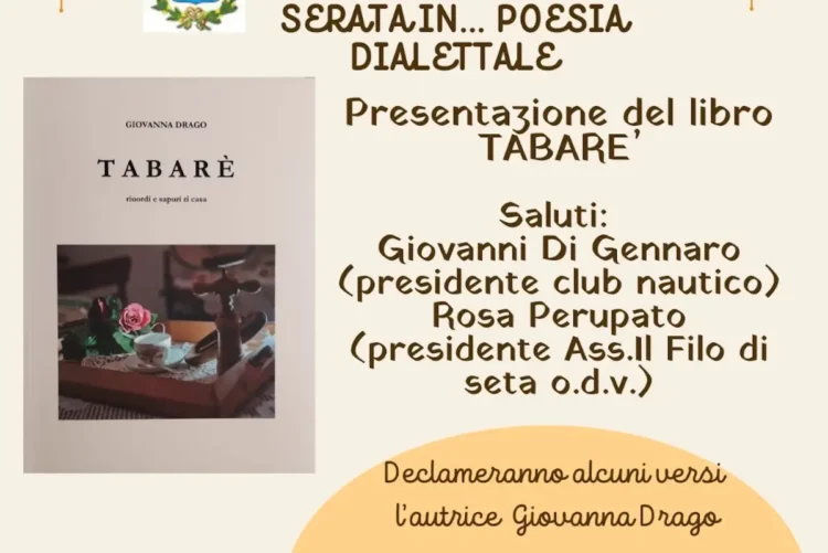 Locandina della presentazione del libro Tabarè di Giovanna Drago durante la serata di poesia dialettale al Club Nautico di Scoglitti.