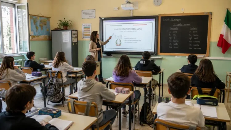 Docente durante una lezione in una scuola italiana con studenti in aula dopo il rinnovo del contratto nazionale del comparto Istruzione