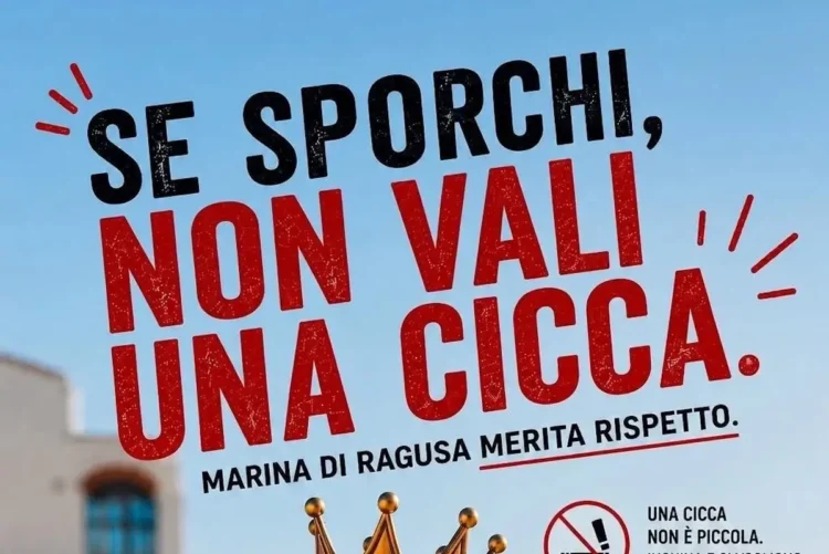 Locandina della campagna di sensibilizzazione "Se sporchi, non vali una cicca" promossa dalla Pro Loco Mazzarelli per contrastare l'abbandono dei mozziconi di sigaretta a Marina di Ragusa