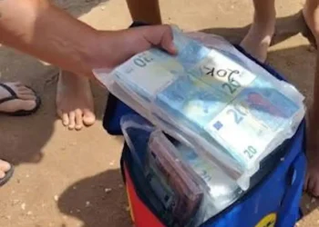 Mazzette di banconote da 20 euro in sacchetti di plastica trasparenti estratti da una borsa frigo colorata su una spiaggia