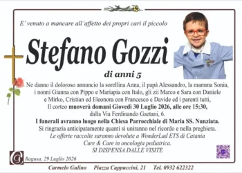 Manifesto funebre di Stefano Gozzi, 5 anni, Ragusa, 29 luglio 2026