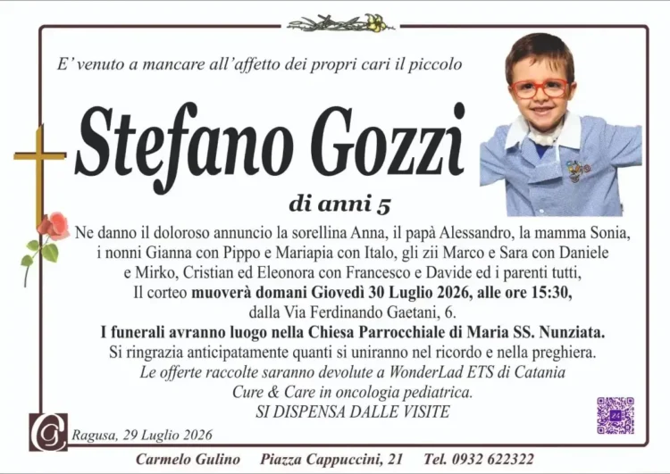 Manifesto funebre di Stefano Gozzi, 5 anni, Ragusa, 29 luglio 2026
