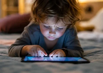 Bambino molto piccolo sdraiato su un letto mentre utilizza un tablet, immagine rappresentativa dell'esposizione precoce ai dispositivi digitali.
