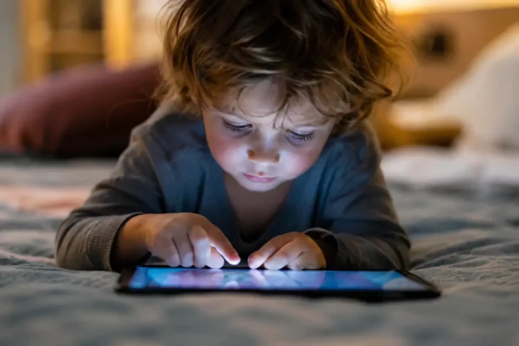 Bambino molto piccolo sdraiato su un letto mentre utilizza un tablet, immagine rappresentativa dell'esposizione precoce ai dispositivi digitali.