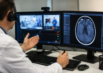 Un neurologo effettua una consulenza in telemedicina davanti a due monitor con immagini diagnostiche cerebrali e un collegamento video con un reparto ospedaliero
