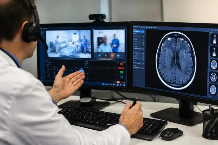 Un neurologo effettua una consulenza in telemedicina davanti a due monitor con immagini diagnostiche cerebrali e un collegamento video con un reparto ospedaliero