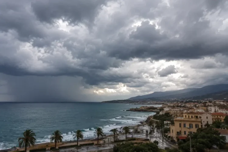 Nuvole temporalesche su un centro costiero siciliano con mare mosso, cortina di pioggia all'orizzonte e palme piegate dal vento.