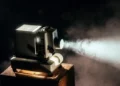 Proiettore cinematografico d'epoca acceso che proietta un fascio di luce in una stanza buia, con il fumo che rende visibile il raggio luminoso
