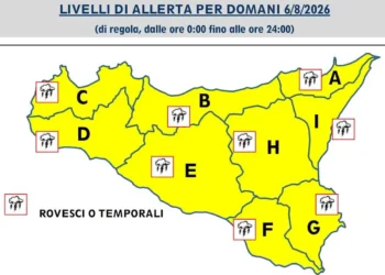 Mappa della Sicilia con allerta gialla per rovesci o temporali il 6 agosto 2026