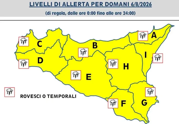 Mappa della Sicilia con allerta gialla per rovesci o temporali il 6 agosto 2026