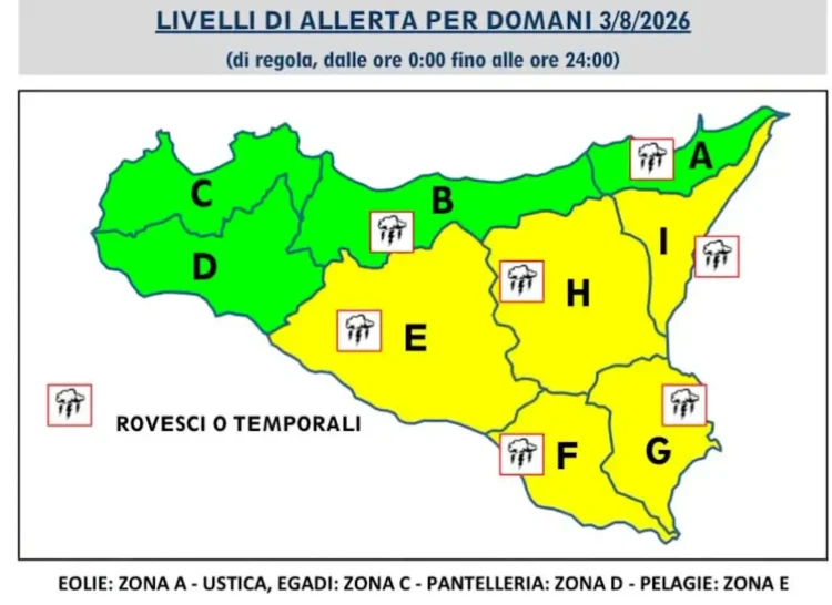 Mappa della Sicilia con livelli di allerta meteo del 3 agosto 2026: zone gialle al centro-est, verdi a nord-ovest