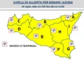 Mappa della Sicilia in allerta gialla con simboli di rovesci o temporali per il 16 agosto 2026