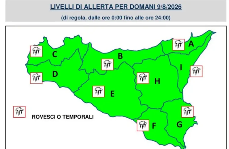 Carta delle allerte meteo della Protezione Civile siciliana per il 9 agosto 2026: livello verde su tutta l'isola con simboli di rovesci e temporali nelle zone interne