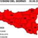 Mappa della Sicilia con tutte le province in rosso per il rischio incendi, previsione del 30 agosto 2026.