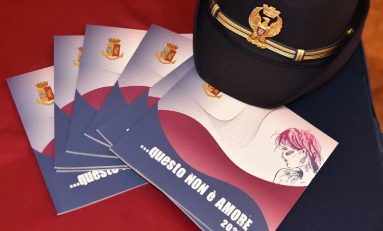 Opuscoli della campagna Polizia di Stato «...questo NON è AMORE» accanto a un berretto da agente, su sfondo rosso