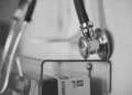 Uno stetoscopio appeso a una parete accanto a una scatola di guanti monouso, in un ambulatorio medico