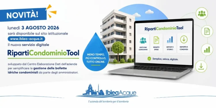 Grafica promozionale di Iblea Acque Spa per RipartiCondominioTool, servizio digitale per la ripartizione delle bollette idriche condominiali