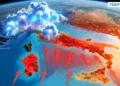 Grafica dell'Italia con frecce rosse per il caldo al Sud e fulmini al Nord. Immagine generata con intelligenza artificiale.