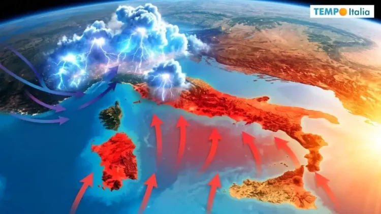 Grafica dell'Italia con frecce rosse per il caldo al Sud e fulmini al Nord. Immagine generata con intelligenza artificiale.