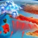 Grafica dell'Italia con frecce rosse per il caldo al Sud e fulmini al Nord. Immagine generata con intelligenza artificiale.