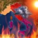 Mappa dell'Italia con overlay a fuoco su Sicilia e Sud, nubi temporalesche al Nord e termometro in primo piano.