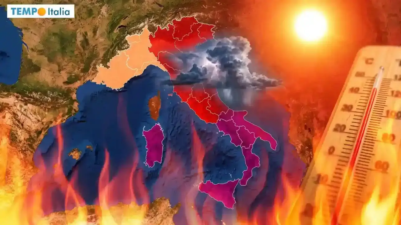 Mappa dell'Italia con overlay a fuoco su Sicilia e Sud, nubi temporalesche al Nord e termometro in primo piano.