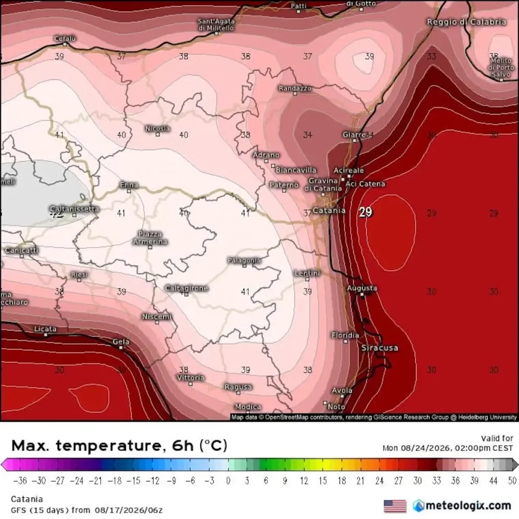 Mappa GFS temperature massime Sicilia 24 agosto 2026: fino a 41°C nelle zone interne, 38°C nel ragusano.
