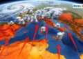 Mappa meteorologica 3D del Mediterraneo con frecce rosse che indicano masse d'aria calda dall'Africa verso l'Italia e temporali al Nord