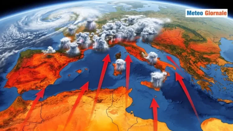 Mappa meteorologica 3D del Mediterraneo con frecce rosse che indicano masse d'aria calda dall'Africa verso l'Italia e temporali al Nord