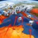 Mappa meteorologica 3D del Mediterraneo con frecce rosse che indicano masse d'aria calda dall'Africa verso l'Italia e temporali al Nord