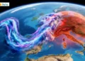 Vista satellitare stilizzata: massa calda sull'Italia, freddo sull'Atlantico