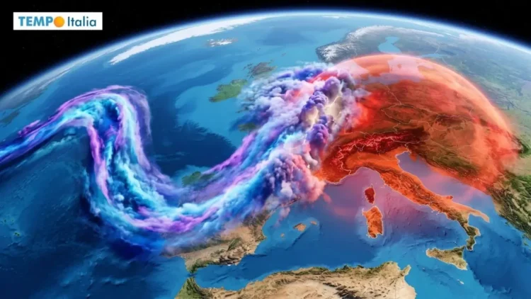 Vista satellitare stilizzata: massa calda sull'Italia, freddo sull'Atlantico