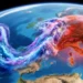 Vista satellitare stilizzata: massa calda sull'Italia, freddo sull'Atlantico