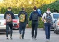 Quattro studenti di spalle con zaini colorati camminano in un parcheggio alberato, in una giornata autunnale