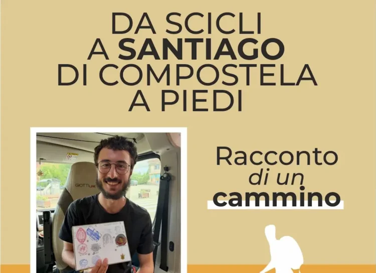 Antonio Giannone mostra la credenziale del pellegrino timbrata, seduto a bordo di un furgone