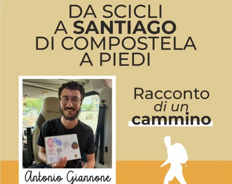 Antonio Giannone tiene in mano il documento con i timbri del Cammino di Santiago, seduto a bordo di un furgone