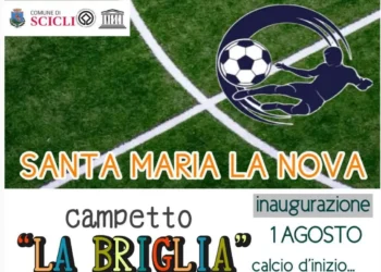 Locandina del Comune di Scicli per l'inaugurazione del campetto "La Briglia" a Santa Maria La Nova, 1 agosto.