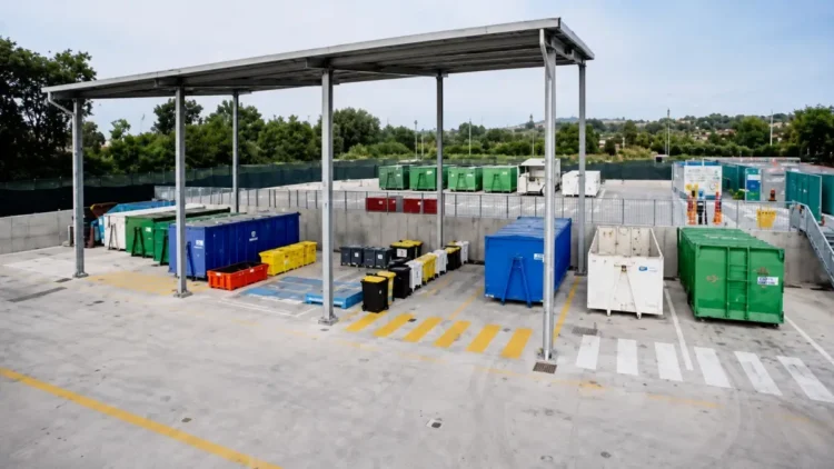 Container colorati per la raccolta differenziata disposti sotto una tettoia in un centro di raccolta rifiuti