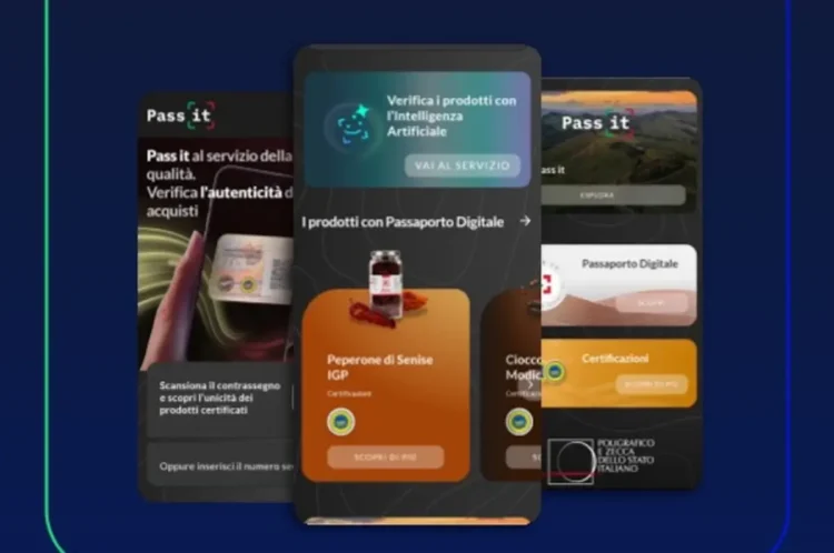 Tre schermate dell'app Pass it che mostra il Passaporto Digitale del Cioccolato di Modica IGP e del Peperone di Senise IGP.