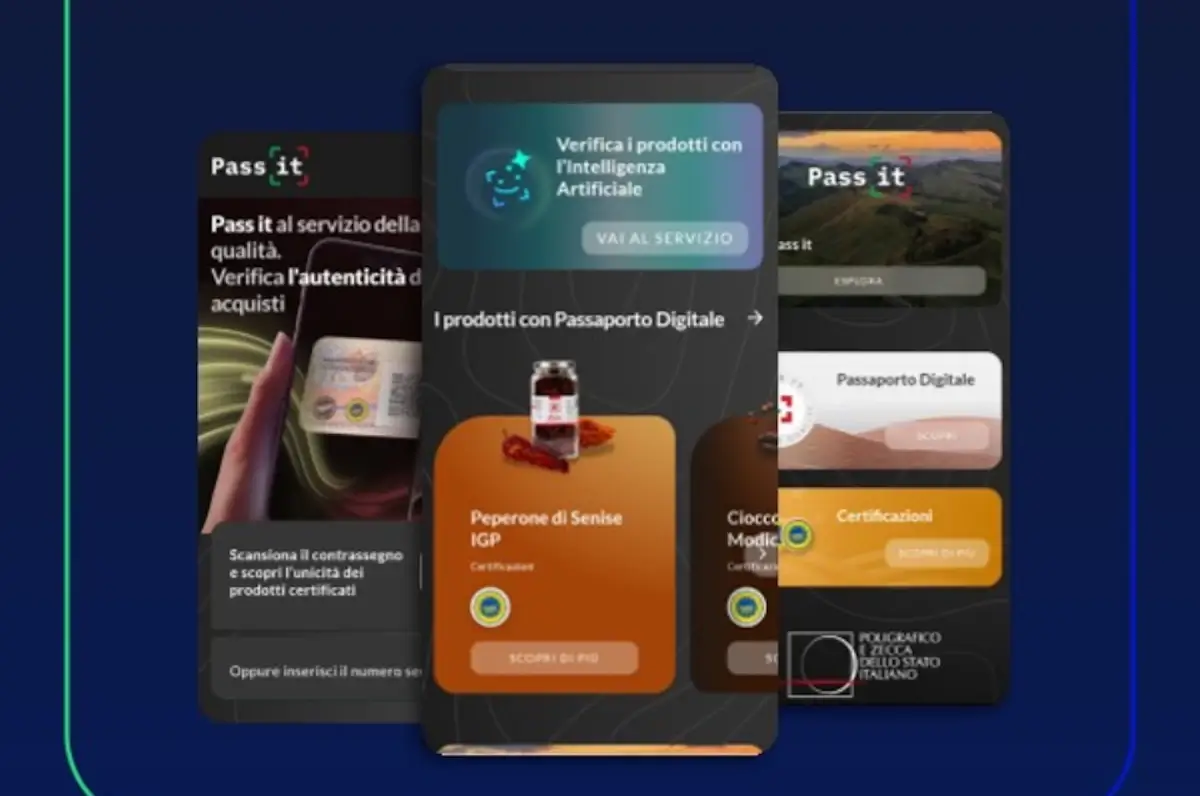 Tre schermate dell'app Pass it che mostra il Passaporto Digitale del Cioccolato di Modica IGP e del Peperone di Senise IGP.