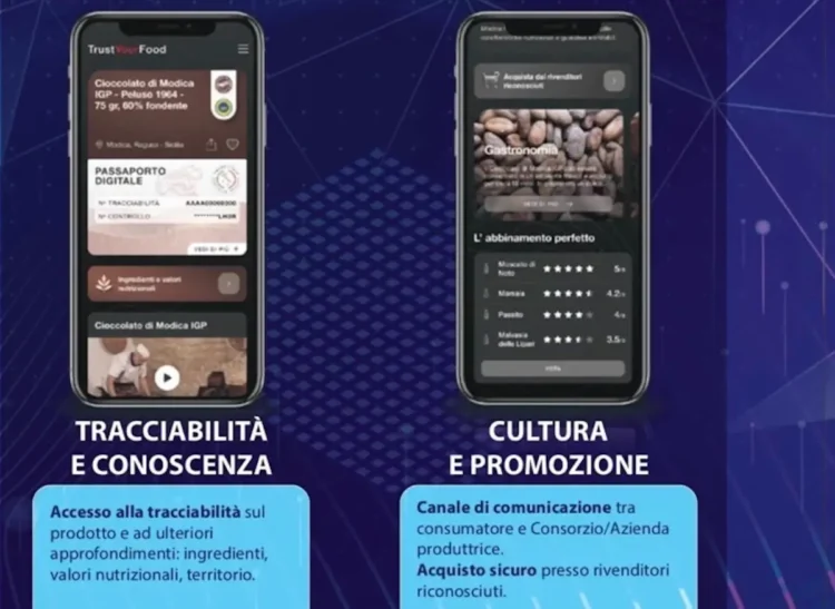 Interfaccia dell'app TrustYourFood con il Passaporto Digitale del Cioccolato di Modica IGP su due smartphone