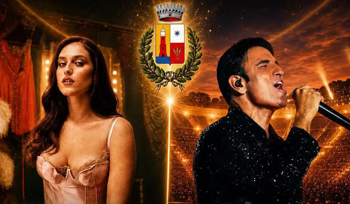 Locandina con la cantante Gaia e il cantante Sal Da Vinci, al centro lo stemma del Comune di Portopalo di Capo Passero