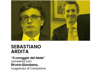 Locandina con i ritratti di Sebastiano Ardita e Bruno Giordano per la presentazione del libro «Il coraggio del Male»