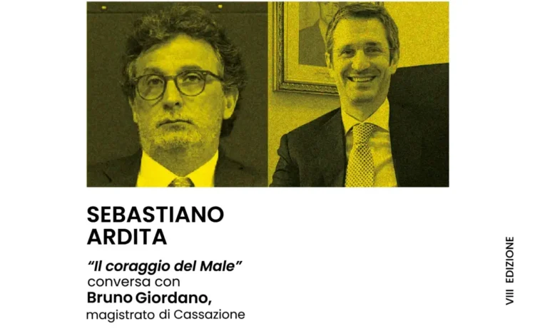 Locandina con i ritratti di Sebastiano Ardita e Bruno Giordano per la presentazione del libro «Il coraggio del Male»