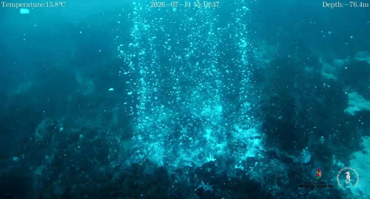 Colonna di bolle di gas che risale dal fondale marino a 76 metri di profondità al largo di Panarea, ripresa dal ROV l'11 luglio 2026
