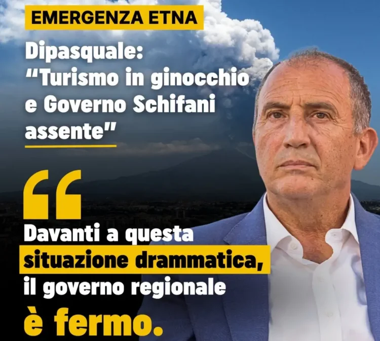 Nello Dipasquale su sfondo di nube di cenere vulcanica e un virgolettato del deputato