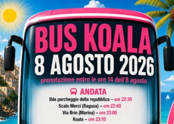 Locandina del Bus Koala 8 agosto 2026 con orari delle fermate: Ibla, Scalo Merci, Via Brin, Koala.
